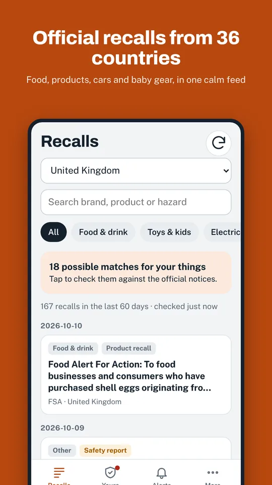 Recall feed with official recalls from 36 countries