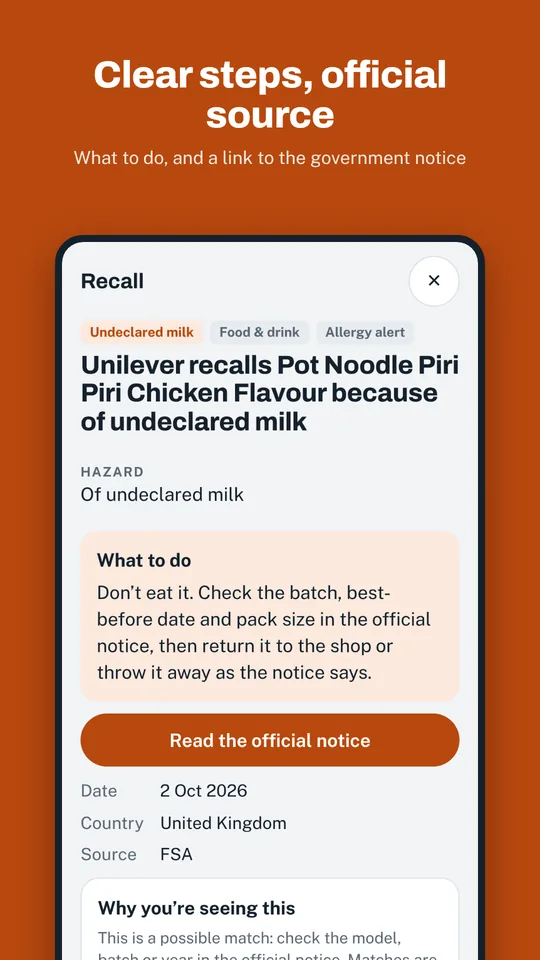 Recall detail with what to do and a link to the official notice