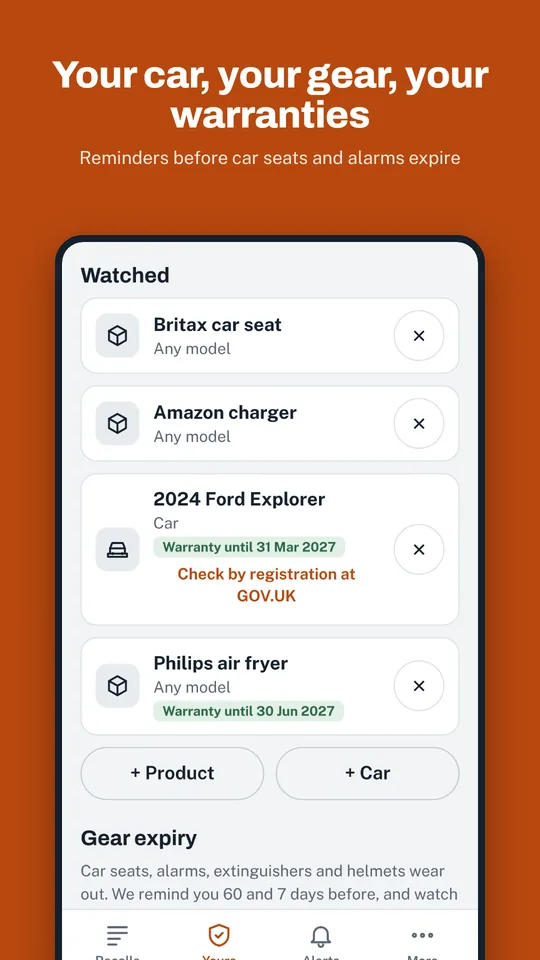 Watched car, gear and warranty reminders